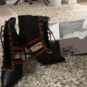 Bebe Black and Red Lace-Up Boots with Leopard Accents Brand New